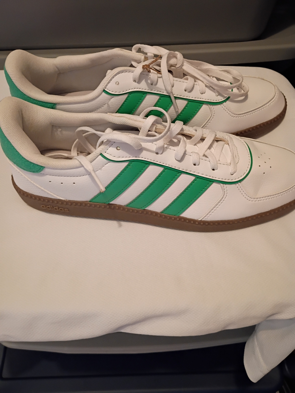 adidas White Trainers with Green Stripes and Gum Sole